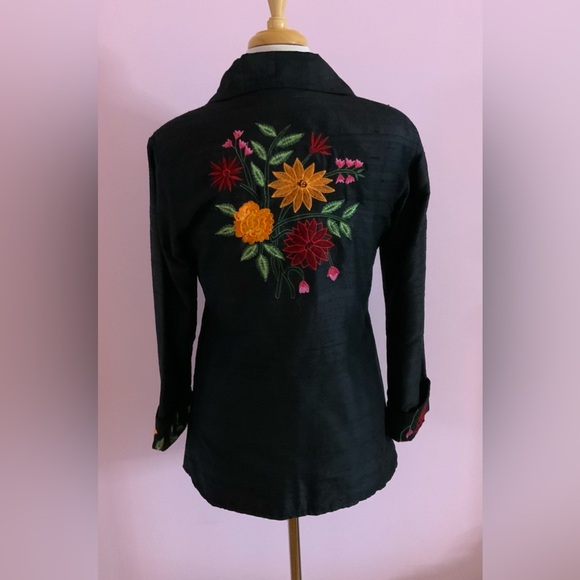 Floral Embroidered Silk  Black Blouse - Picture 5 of 11